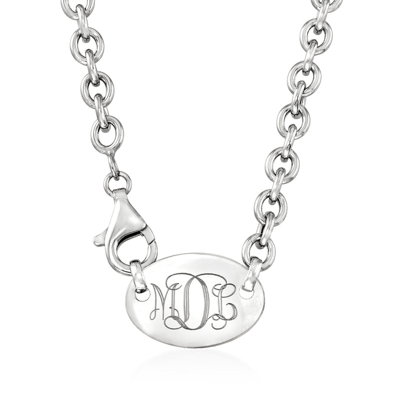 14kt white gold oval disc pendant necklace with engraved cursive personalization