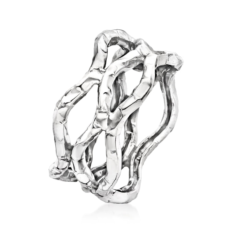 Wavy open-space 14kt white gold ring, angled view of braided metal links