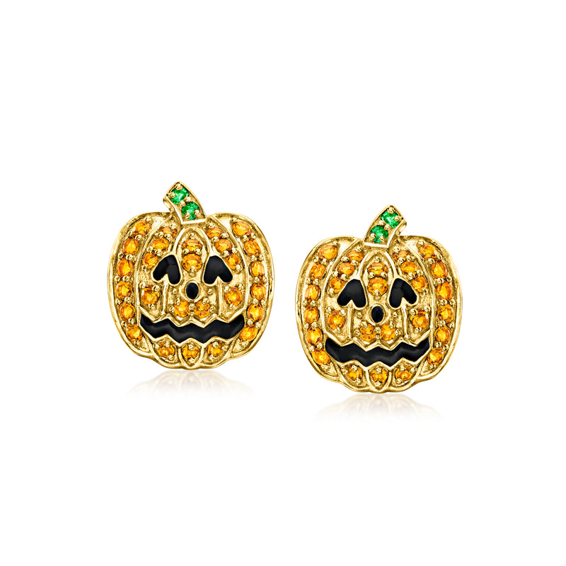 Gold jack-o'-lantern stud earrings with yellow stones, black enamel and green accents