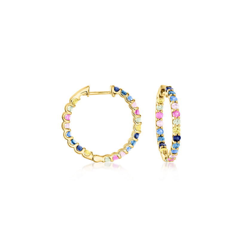 14kt yellow gold hoop earrings with multicolored sapphire bands