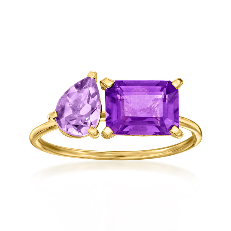 Gold-tone toi et moi ring with oval and emerald-cut amethyst gemstones, side bezels