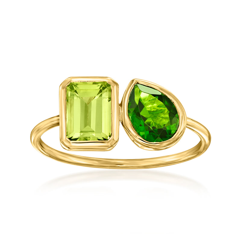 14kt yellow gold toi et moi ring with square peridot and oval chrome diopside, green stones