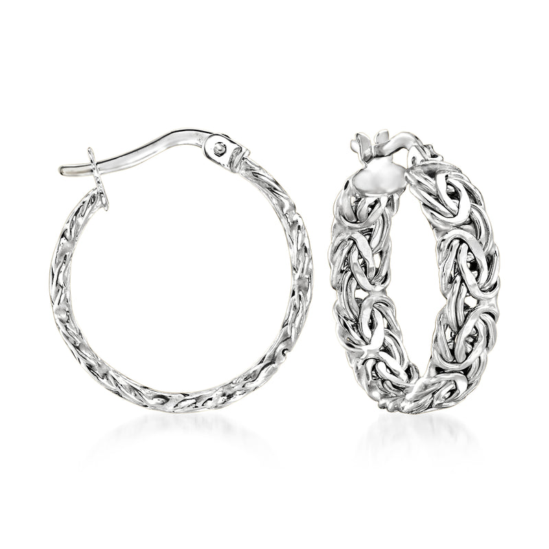 14kt white gold Byzantine hoop earrings, twisted chain pattern with latch backing