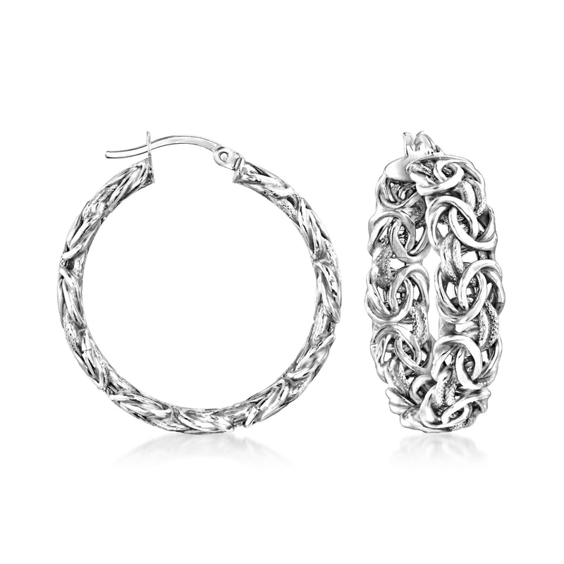 14kt white gold hoop earrings with Byzantine rope-textured pattern