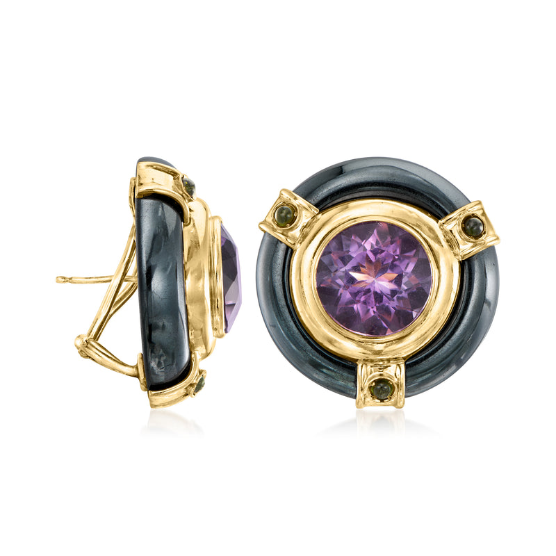 Yellow gold clip earrings with purple amethyst center stones, dark gray circular setting