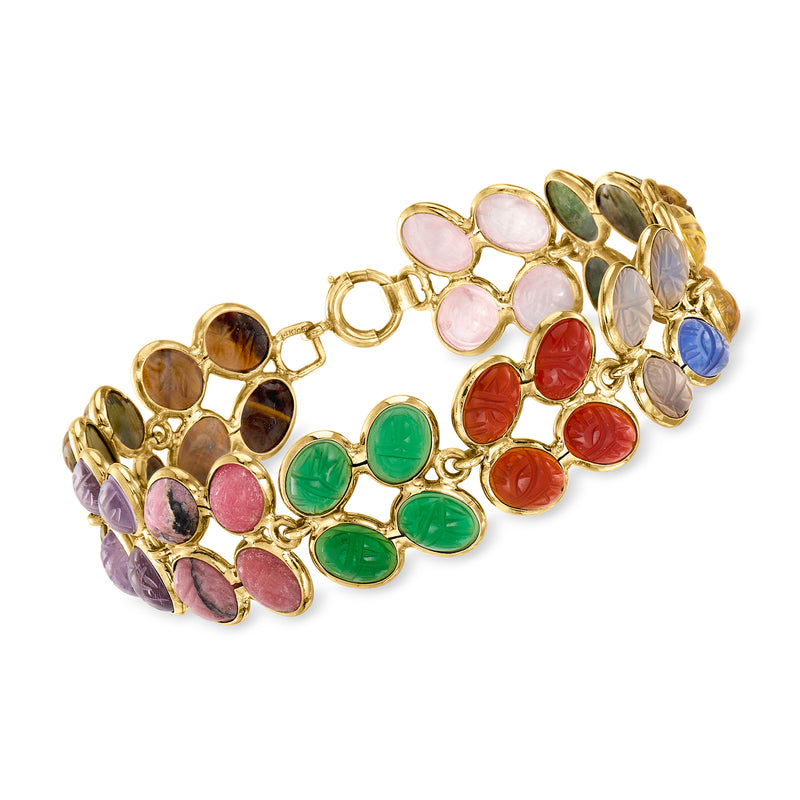 Two-row 14kt yellow gold gemstone bracelet with multicolor oval cabochons