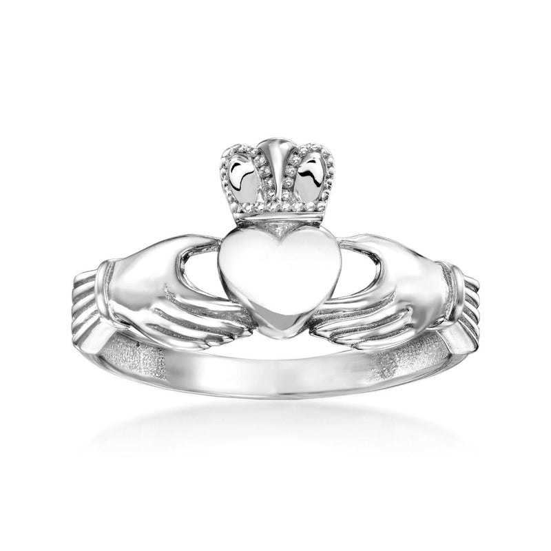 14kt white gold claddagh ring with hands holding a heart and jeweled crown