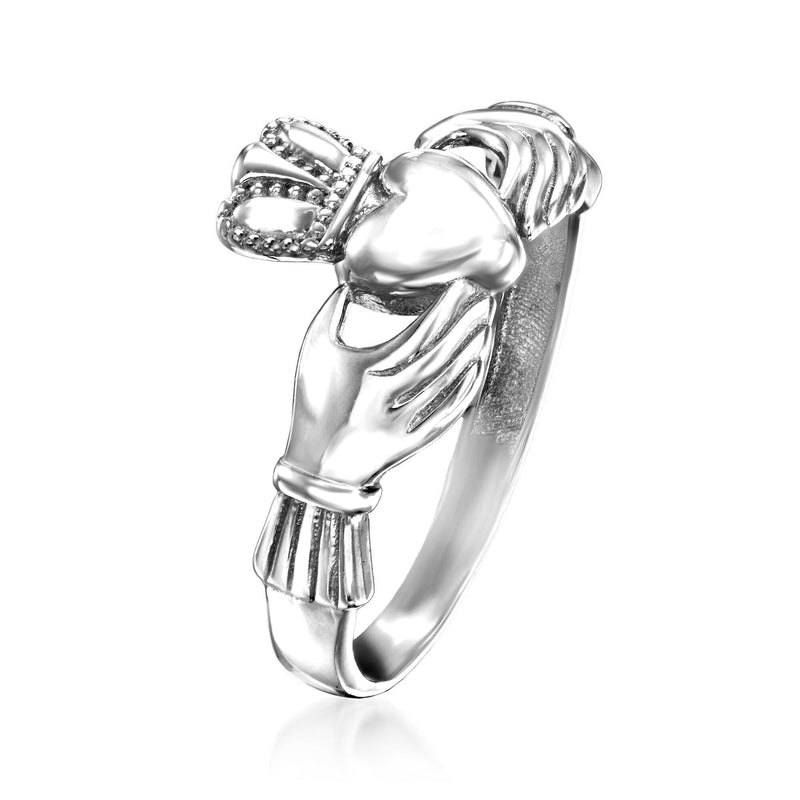 14kt white gold claddagh ring, heart centerpiece with crown top and hand details