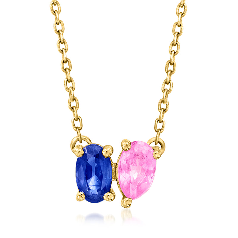 14kt yellow gold necklace with oval blue and pink sapphire toi et moi stones
