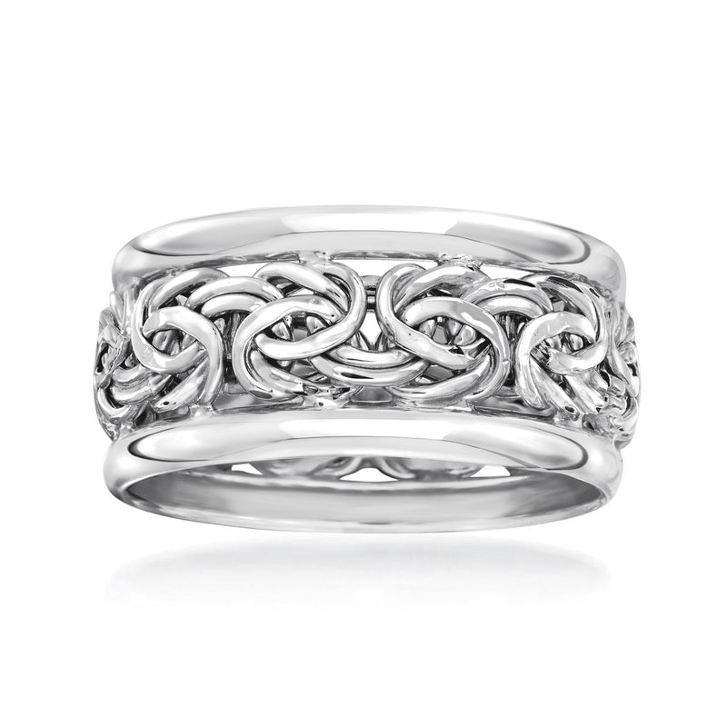 White gold Byzantine-style ring with raised braided border and polished shank