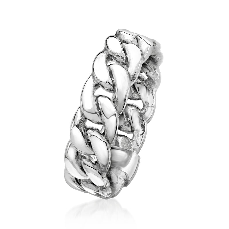 Curb-link ring in polished 14kt white gold, side view of linked chain