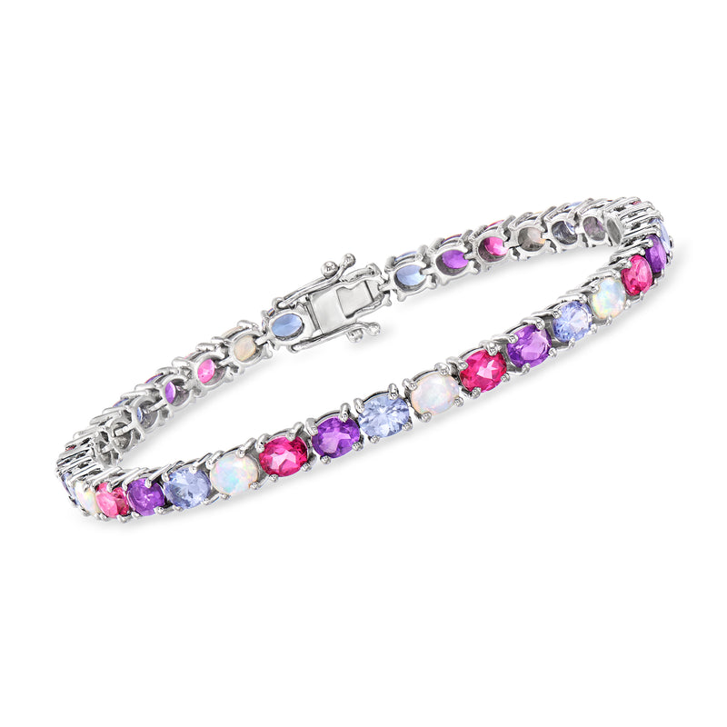 Sterling silver tennis bracelet with pink, purple, blue, and opal-like gemstones