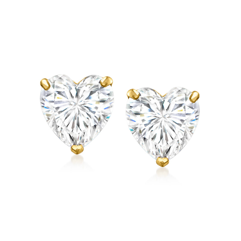 Heart-shaped CZ stud earrings in 14kt yellow gold, clear stones with gold prong settings