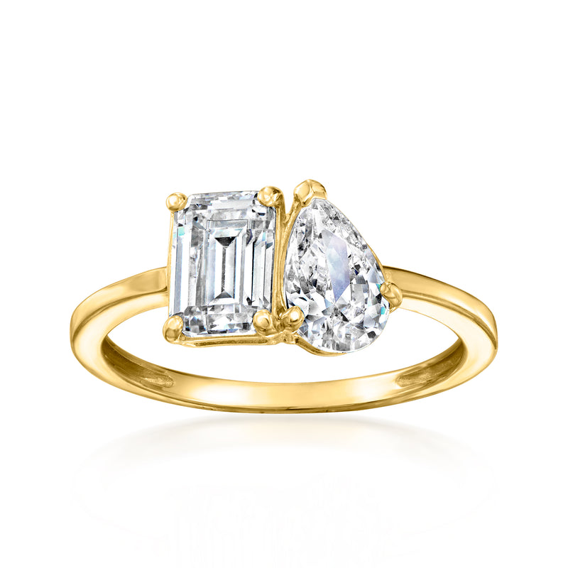 14kt yellow gold toi et moi ring with square and pear CZ stones