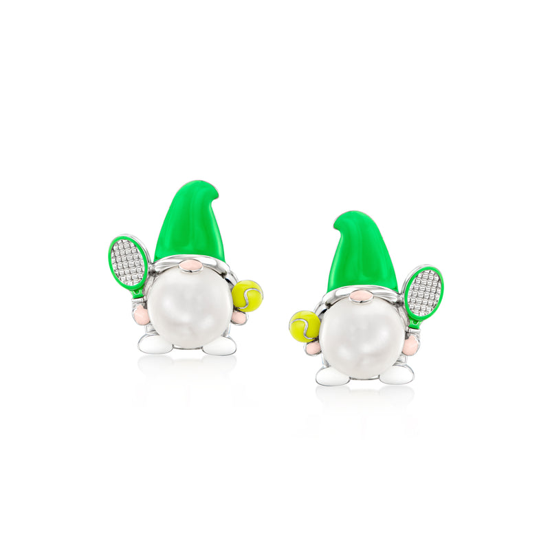 Sterling silver post earrings with pearl centerpiece, green enamel gnome hats, multicolor details