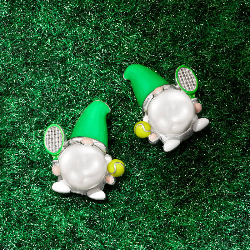 Pair of sterling silver gnome post earrings with white pearl drops and green enamel accents