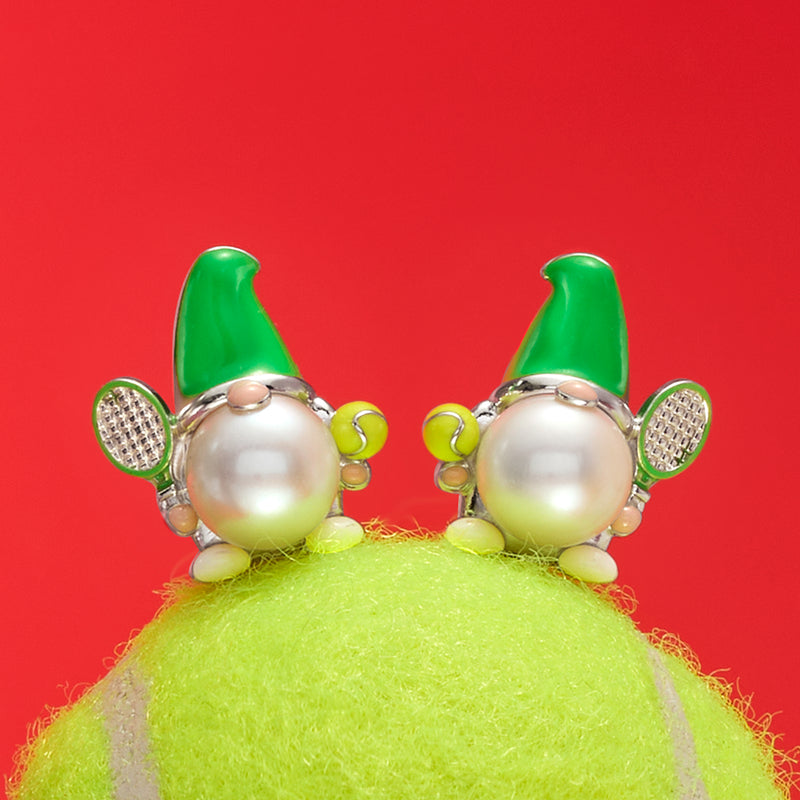 Green enamel gnome-themed sterling silver post earrings with large pearl centers and tiny gold details