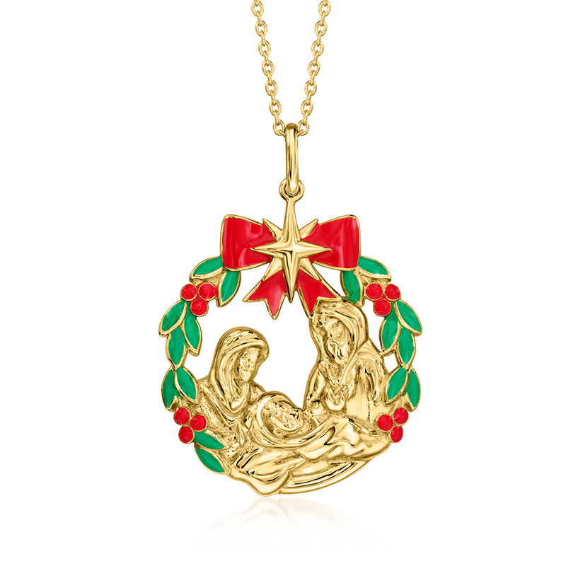 Gold nativity scene pendant necklace with red and green enamel wreath and star