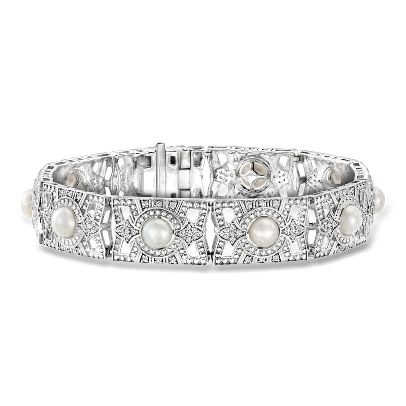 Cultured pearl and diamond sterling silver bracelet with floral links