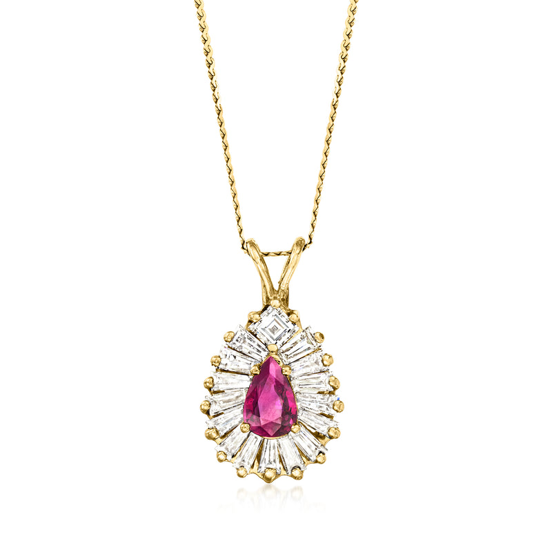 14kt yellow gold ruby and diamond teardrop pendant necklace with diamond halo