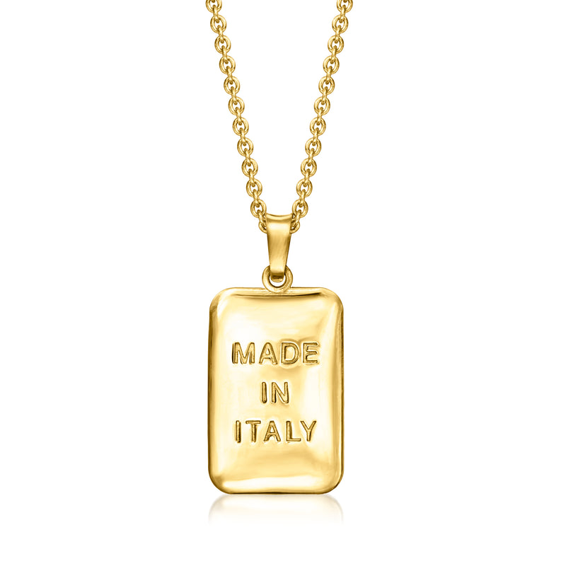 Gold over sterling tag pendant necklace with rectangular pendant, 
