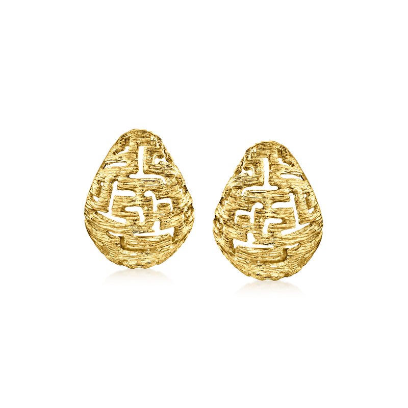 Pair of 18kt yellow gold geometric dome post earrings with engraved teardrop pattern