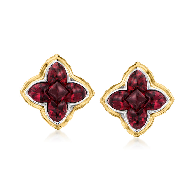 Yellow gold clover stud earrings with red rhodolite garnet gemstones