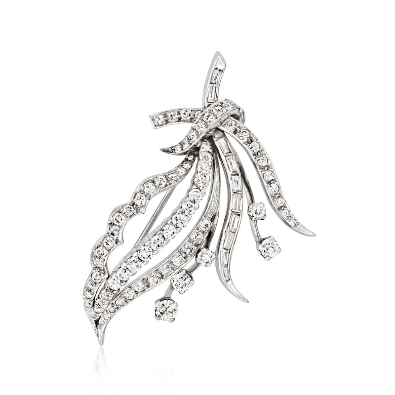 Diamond leaf pin in 18kt white gold with sparkling pave leaves and dangling accents