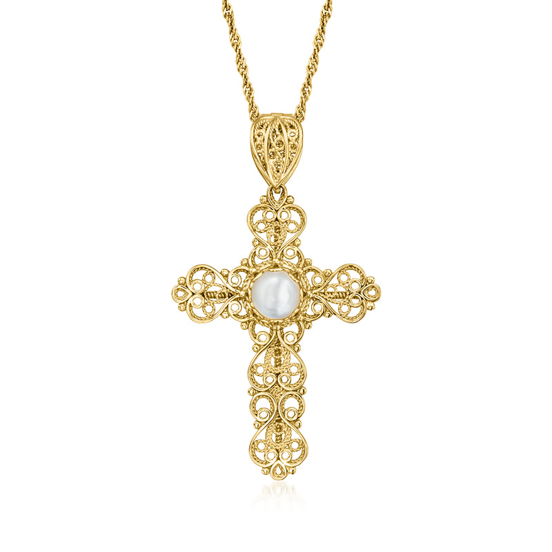 Gold cross pendant necklace with filigree and round mother-of-pearl centerpiece