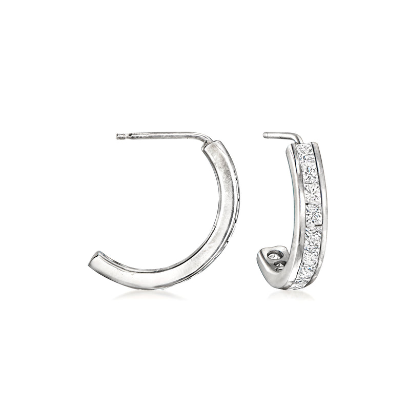 Platinum curved diamond post earrings, shown front and side views