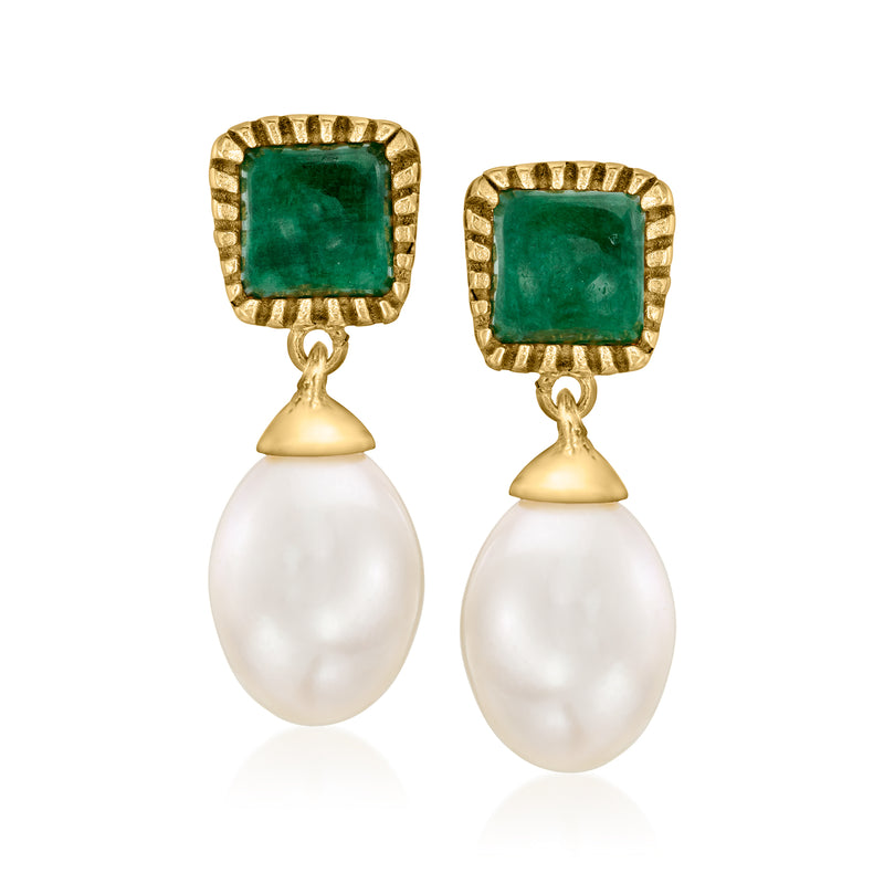Gold drop earrings with emerald-green square settings and white pearl teardrops