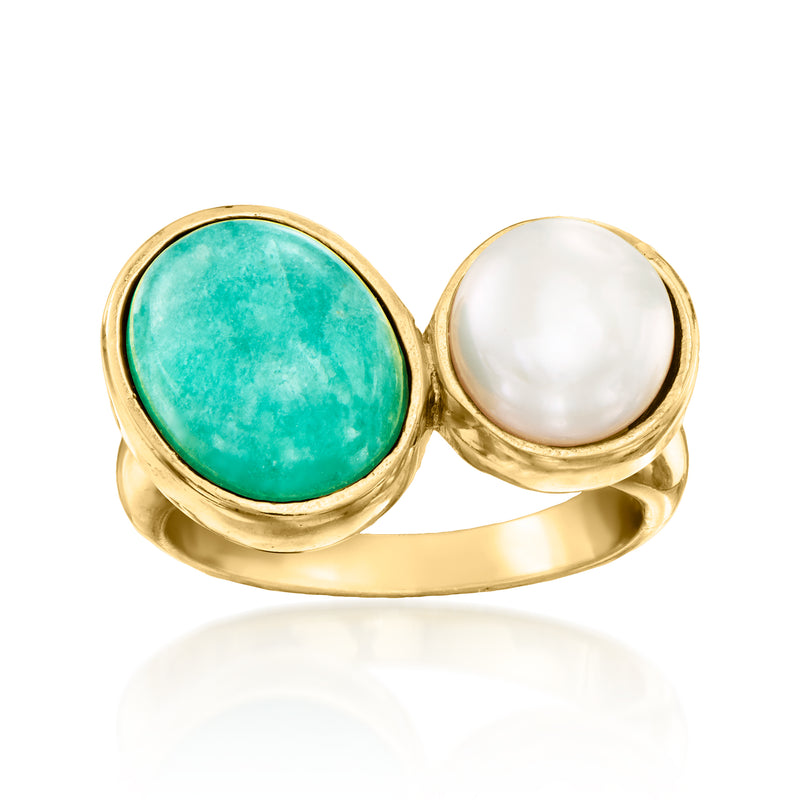 Toi et Moi ring with oval green amazonite and white cultured pearl in gold-tone setting