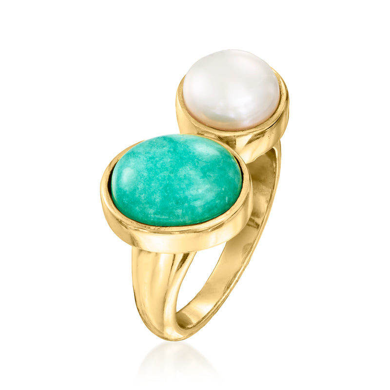Toi et Moi ring with white cultured pearl and oval green amazonite, gold-tone band