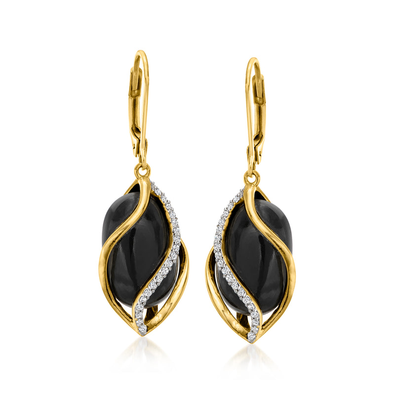 Leverback drop earrings with black onyx and white topaz in gold tone
