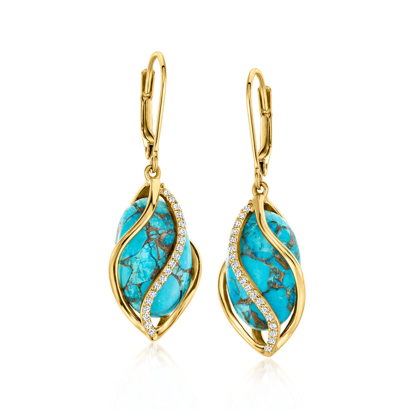 Gold leverback drop earrings with oval turquoise stone and small clear accents
