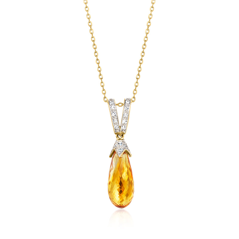 18kt yellow gold pendant necklace with teardrop citrine and V-set diamond accents