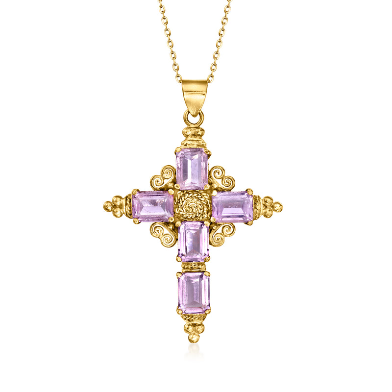 Vintage gold cross pendant necklace with purple amethyst gemstone inlaid