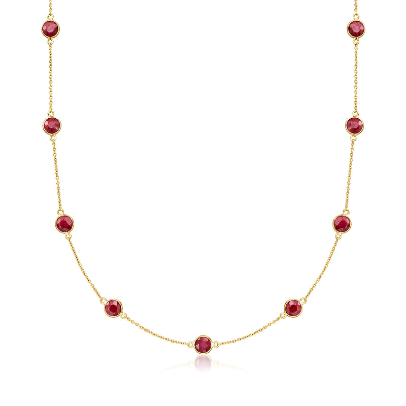 18kt gold over sterling ruby station necklace with five bezel-set round red gemstones