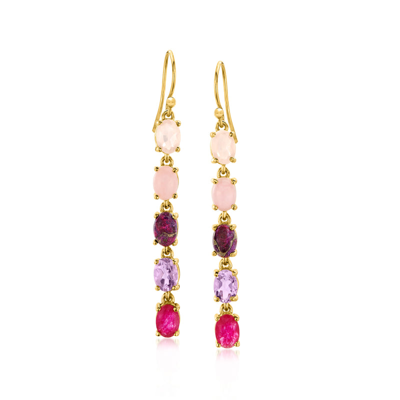 Gold over sterling opal-like drop earrings with pink, purple, and magenta stones