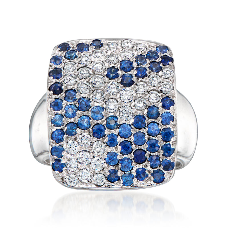 Square sapphire and diamond cluster ring in white gold, blue stones set with diamonds