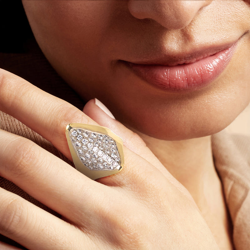 Vintage 14kt yellow gold geometric ring with pavé diamonds