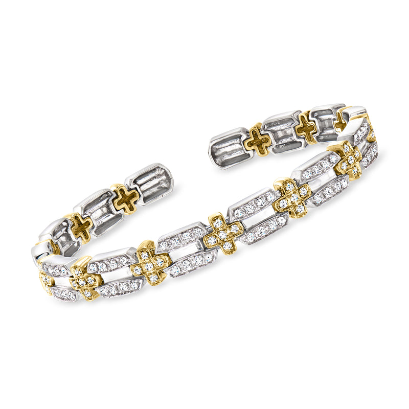 Two-tone gold diamond cuff bracelet with cross accents and rectangular stone settings