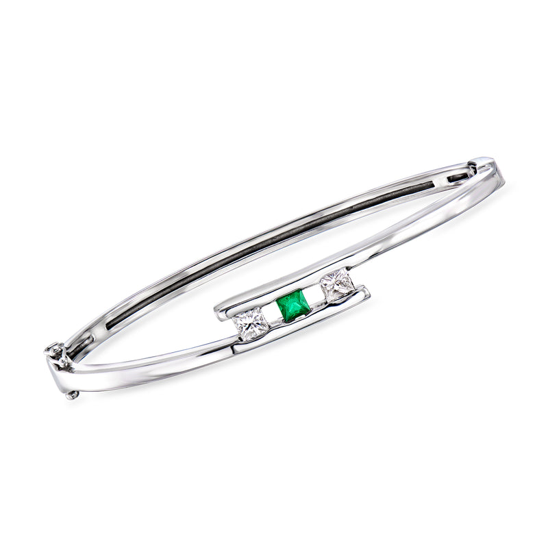 14kt white gold bypass bangle bracelet with green emerald center and diamond accents
