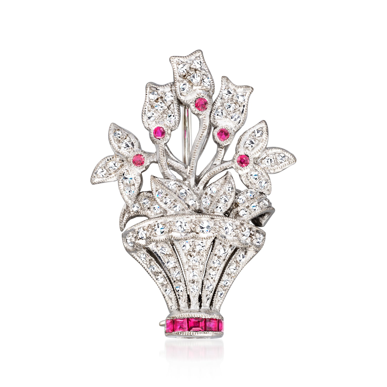 C. 1990 Vintage .50 ct. t.w. Diamond and .40 ct. t.w. Ruby Flower Basket Pin in 18kt White Gold