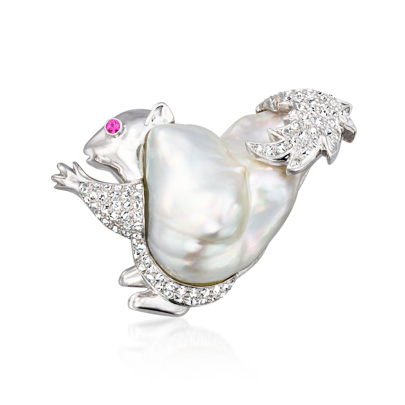 Baroque pearl squirrel pin with diamond accents and ruby eye, white gold setting