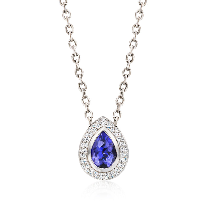 Blue iolite oval pendant necklace in 18kt white gold with diamond halo and chain