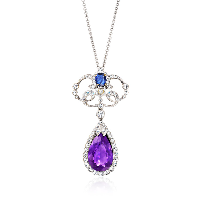 Vintage white gold pendant necklace with blue sapphire and purple amethyst teardrop, diamond halo