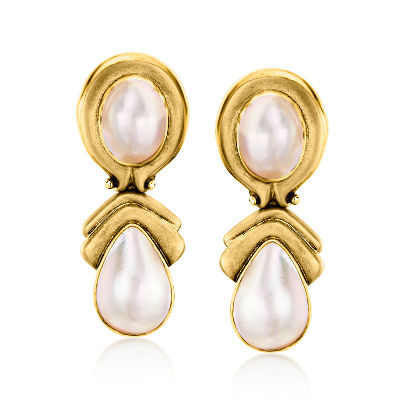 14kt yellow gold mabe pearl clip-on drop earrings, two iridescent teardrop pearls