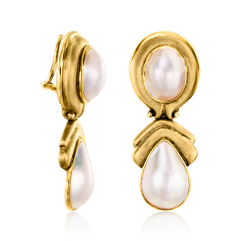 Yellow gold mabe pearl clip-on drop earrings, side view of two teardrop pearls