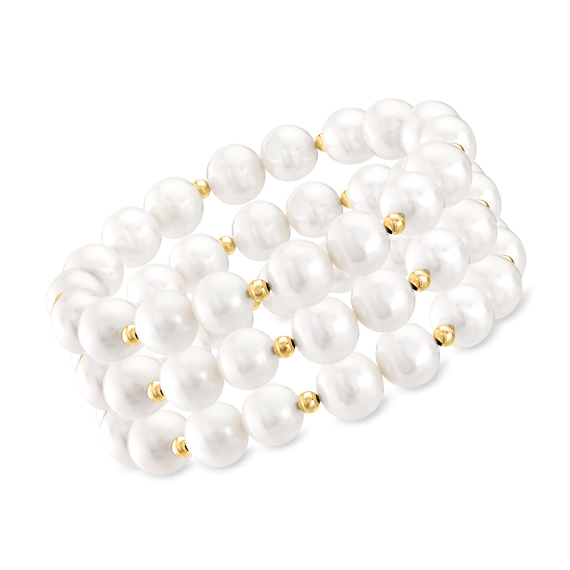Three cultured pearl stretch bracelets with 14kt yellow gold bead accents